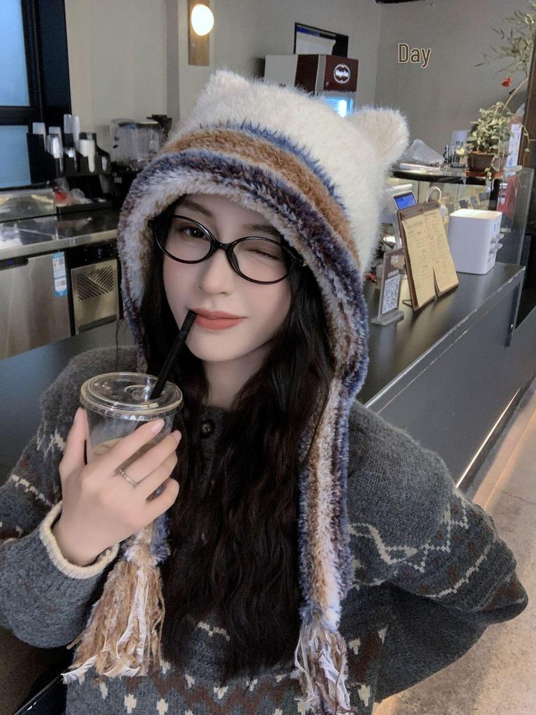 Hochwertige warme Strickmütze aus Wolle mit niedlichen Ohren & großer Krempe für Herbst/Winter