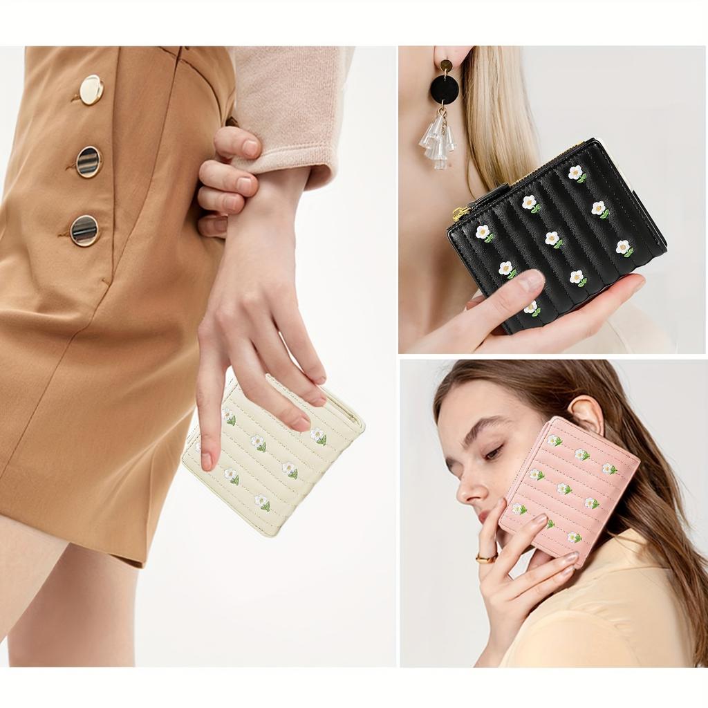 Sweet Style Women's Bi-fold Mini Wallet With Flower Embroidery, Cash Pocket With Card Holder Coin Purse With ID Window