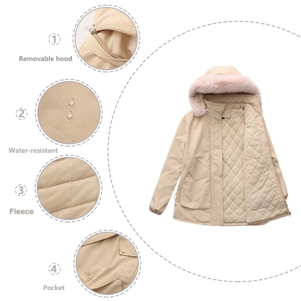 European and American-style Long Winter Parka for Women, with Fleece Lining and Large Fur Collar