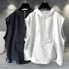 Men Summer Vest Hooded Zipper Half Placket Sleeveless Hip Hop Style Vest Jacket Solid Color Quick-Drying Large Pockets Waistcoat