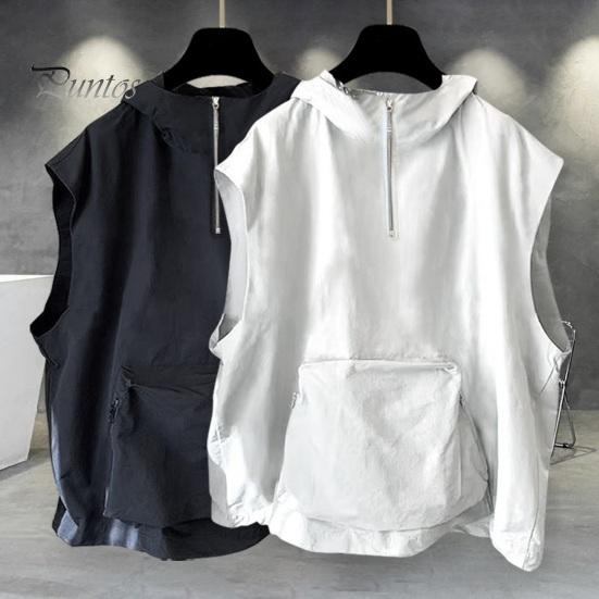 Men Summer Vest Hooded Zipper Half Placket Sleeveless Hip Hop Style Vest Jacket Solid Color Quick-Drying Large Pockets Waistcoat