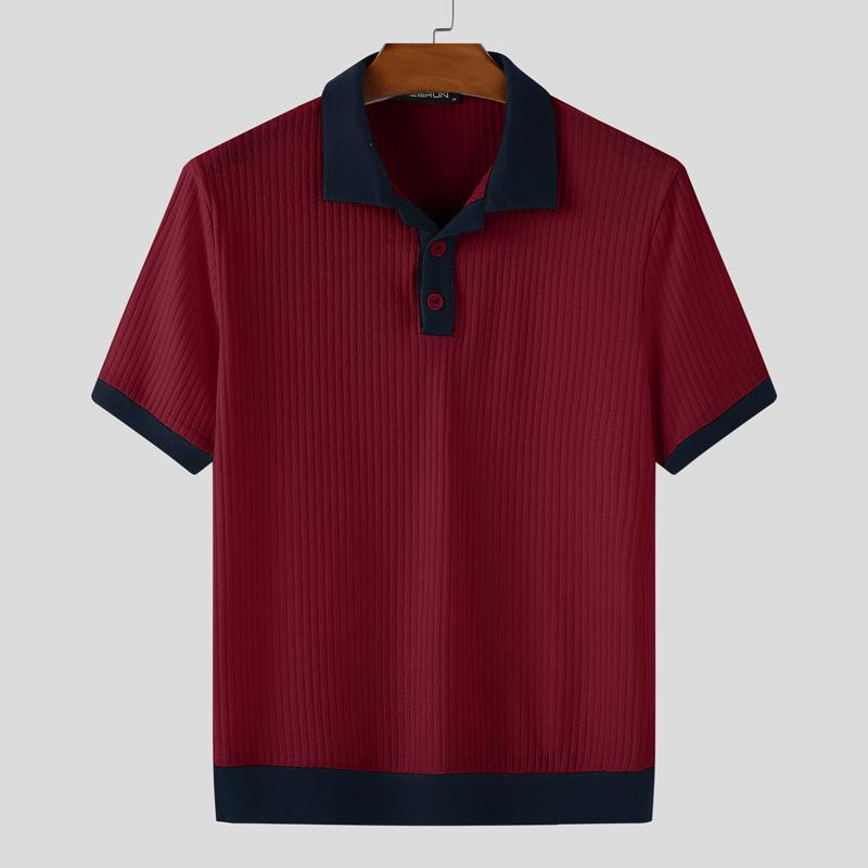 

INCERUN Men Lapel Short Sleeve Stitching Casual Office Rib T-shirts Tops L красный