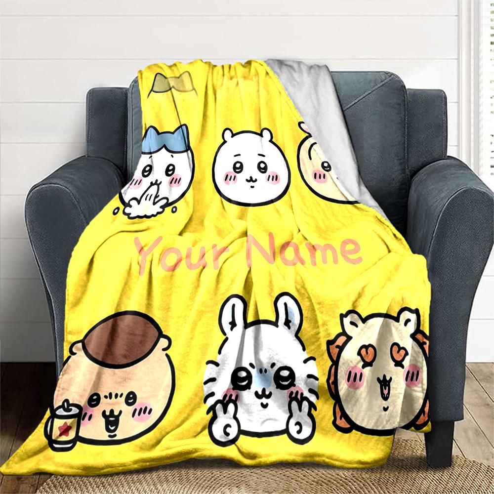 1pc Chiikawa Blanket with Custom Name, Gift, for Men and Women, Soft Blanket, Good for Sofa Bed Couch Travel, Lightweight Flannel Blanket