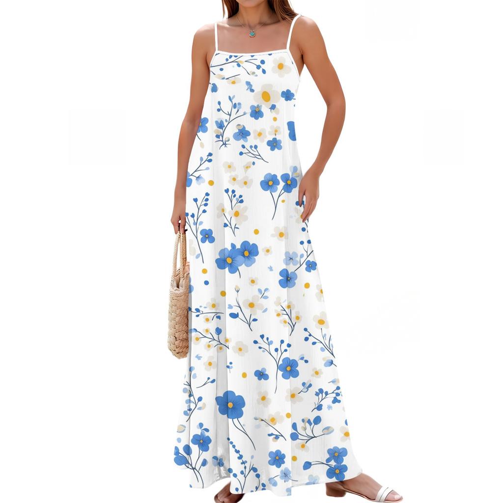Women's Spring And Summer Casual Fashion Adjustable Suspender Printing Long Dress