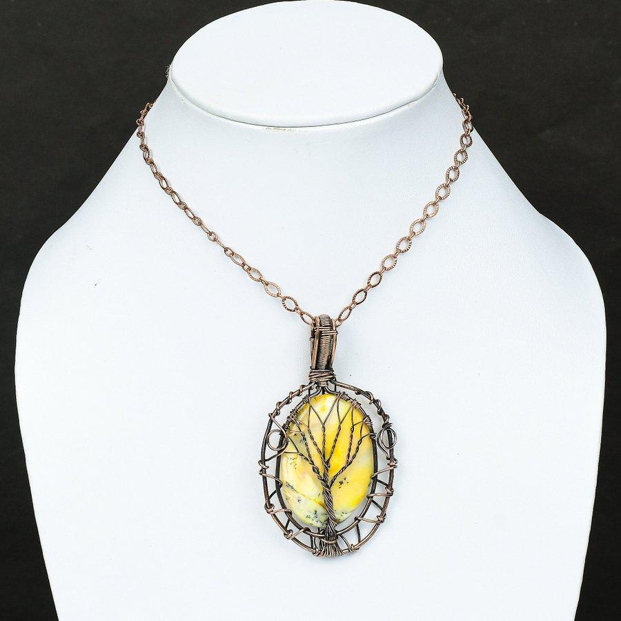 Yellow Dendritic Gemstone Copper Wire Wrap Jewelry Pendant 3.07"