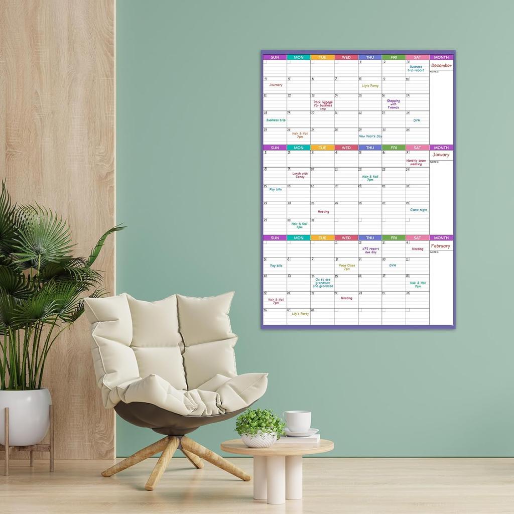 Dry Erase Calendar for Wall - Undated 3 Month Wall Calendar, 28'' X 40'', Erasable & Reble Wall Calendar, Dry Erase Calendar for Home, Office and