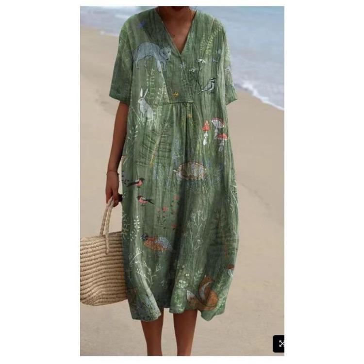 Women Floral Print Maxi Dress Colorful V Neck Short Sleeve Loose Casual Summer Beach Dress Vacation Workout Wear