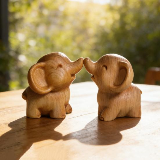 Mini Elephant Figurine Cute Wooden Miniature Animal Sculpture Small Collectible Wildlife Statue for Living Room Office Shelf Decor