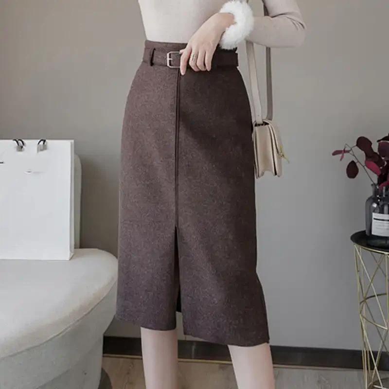 Gonna da Donna Autunno Inverno a Mezza Lunghezza, Colore Unito, in Lana, Slim, Linea ad A, Vita Alta, Lunghezza Media, Spacco sul Fianco