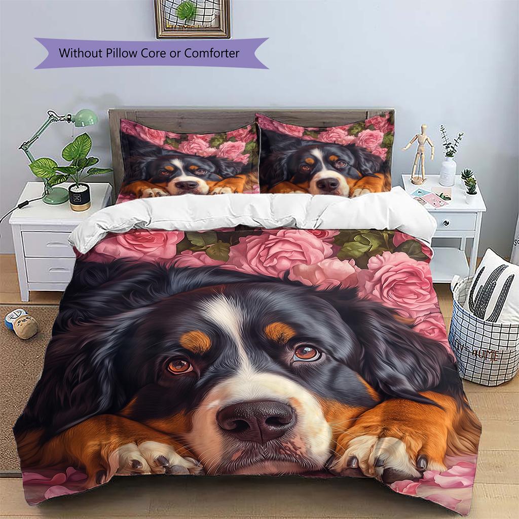 Bernese Mountain Dog and Rose Pattern Bedding Home Decoration Birthday Gift (1 * duvet cover + 2 * pillowcase, without core)