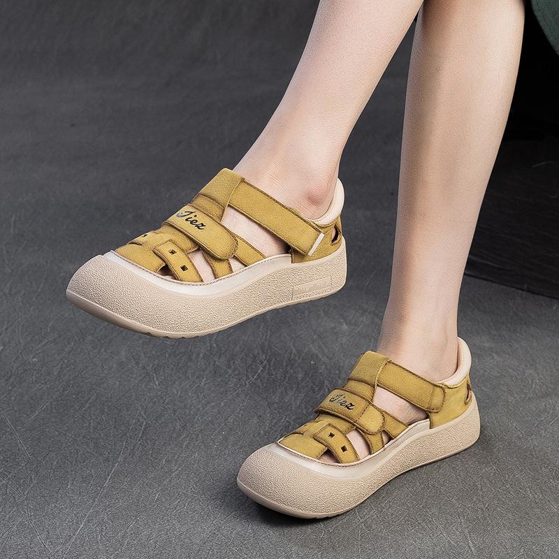 Summer Women's Roman Sandals Retro Worn High Heel Thick Sole Comfortable Breathable Leather Sandals