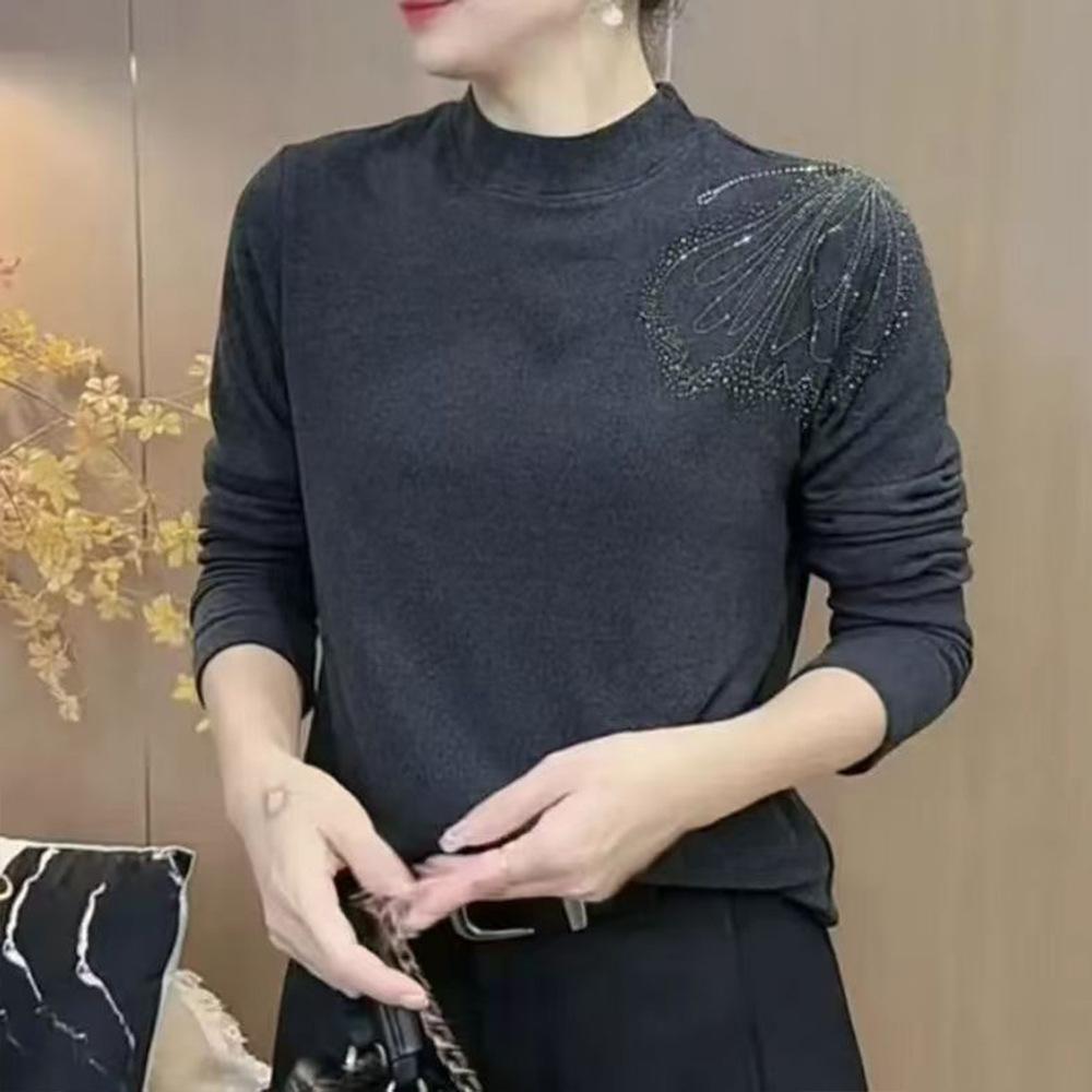 

Elegant Butterfly Hot Drilling Long Sleeve Top - Semi-High Neck, Age-Reducing, Tummy-Concealing Base Layer for Mom, Autumn/Winter Fashion. 4XL