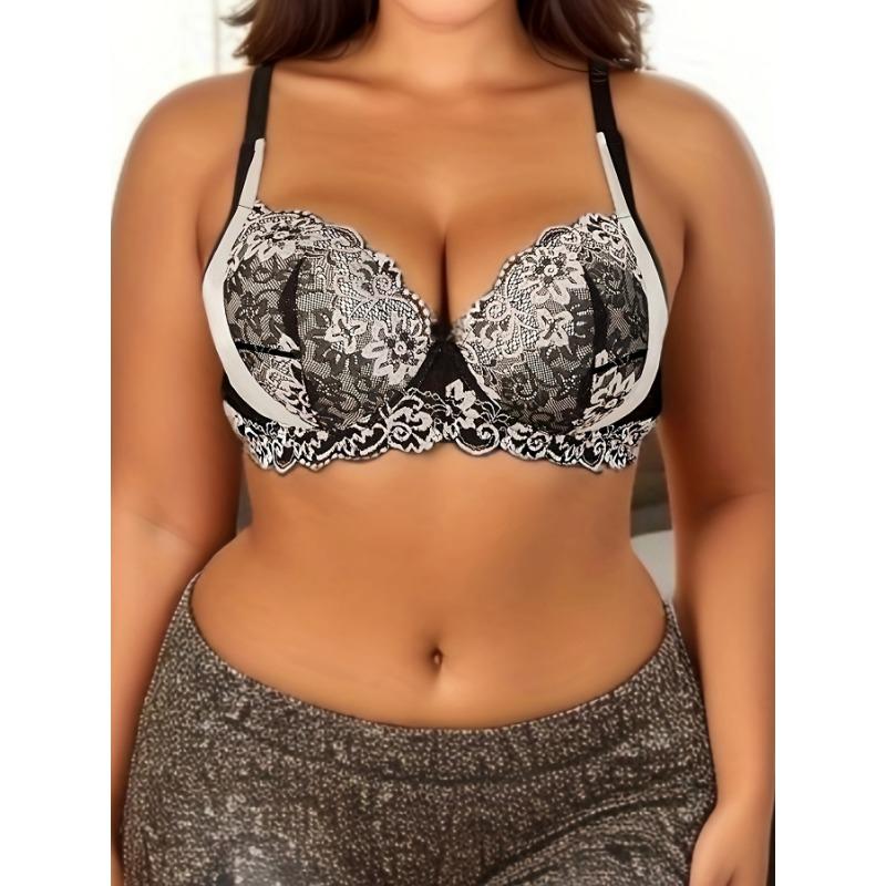 Elegantní podprsenka velké velikosti, dámská kontrastní krajka se zapínáním vpředu s vroubkovaným lemem Bralette