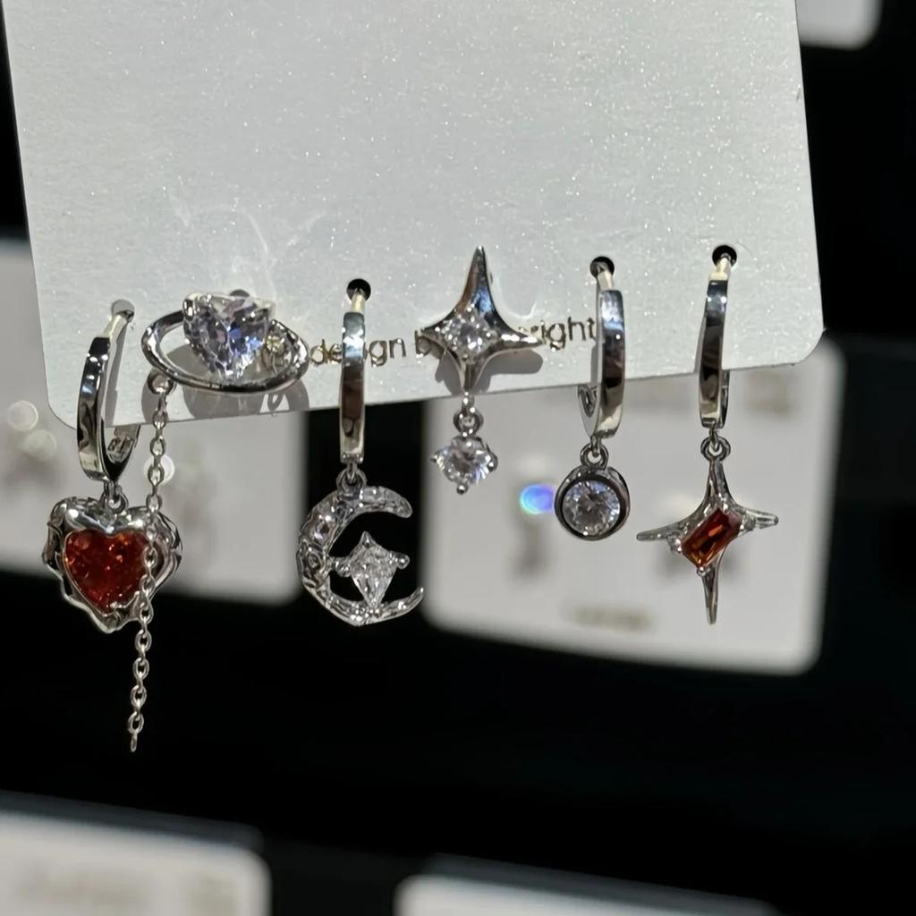 6PCS Y2K Punk Crystal Star Moon Pendant Earring Set For Women Girl Men Gothic Vintage Aesthetic Grunge Jewelry Ear Accessories