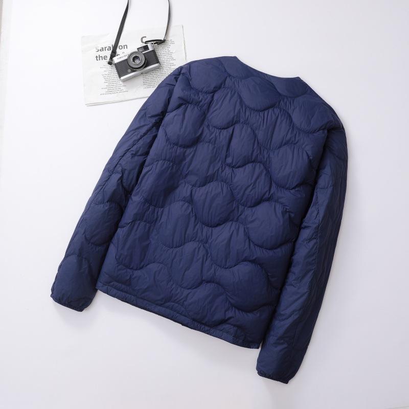 Jachetă de puf ușoară pentru bărbați, cu gât rotund - Caldă, Portabilă, Croială largă, Bluza cu gât în V, Îmbrăcăminte exterioară cu mânecă lungă pentru toamnă și iarnă