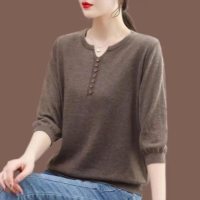 Korean Fashion Women Big Size Knit T-Shirt Female Clothing Spring Summer 3/4 Sleeve Pullover Tees Loose Casual Solid Vintage
