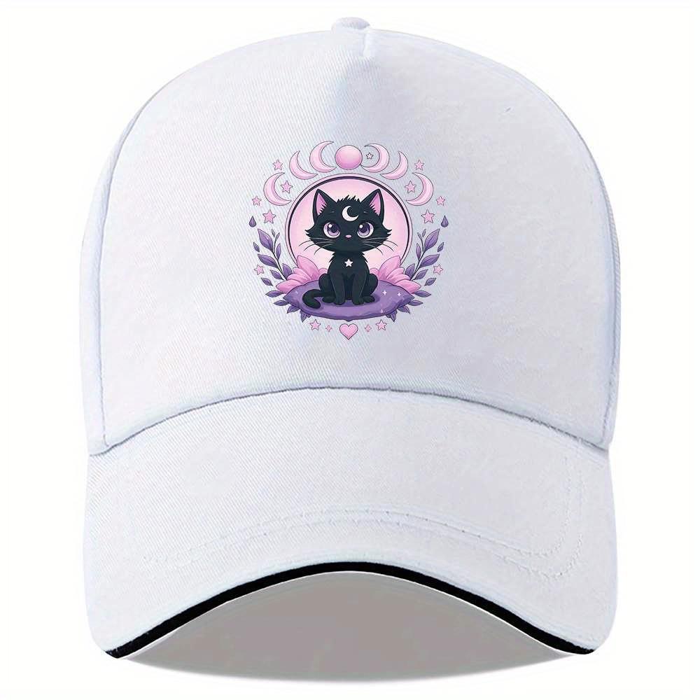 Cute Black Cat Moon Stars Aesthetic Trucker Hat Adjustable Polyester Casual Baseball Cap for Unisex
