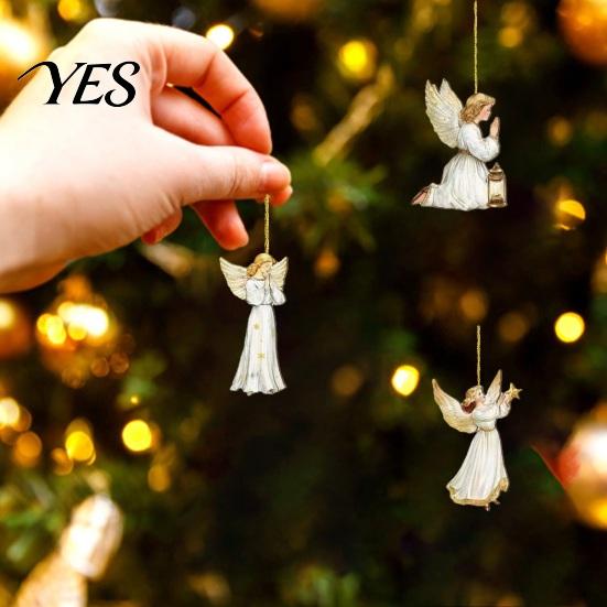 Wooden Angel Ornaments 24 Pcs Victorian Style Hanging Set, Golden Wings & White Dresses, Vintage Pendant Decorations Tree with Various Poses,