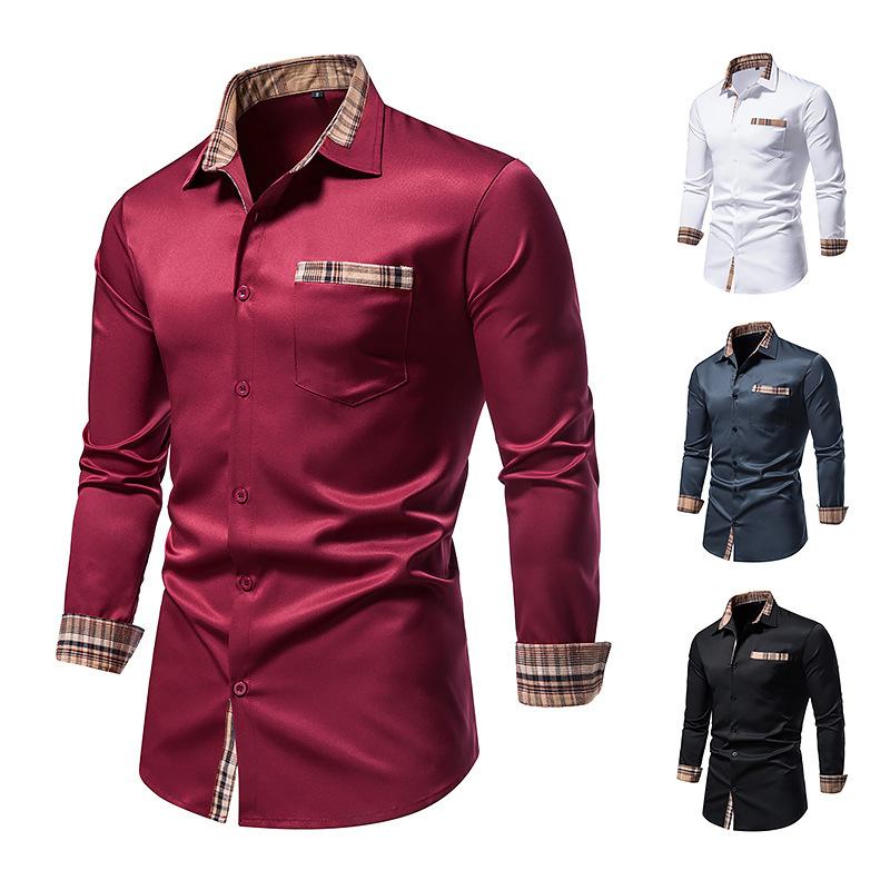 Mens Casual Long Sleeve Plaid Stitching Shirt European Size