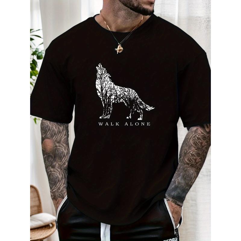 Modno Dom Heren Wolf Grafisch Casual T-shirt - Zomer Korte Mouw Ronde Hals T-shirt met  WALK ALONE  Print, Normale Pasvorm voor Casual Kleding, Wolf T-shirt 3XL zwart