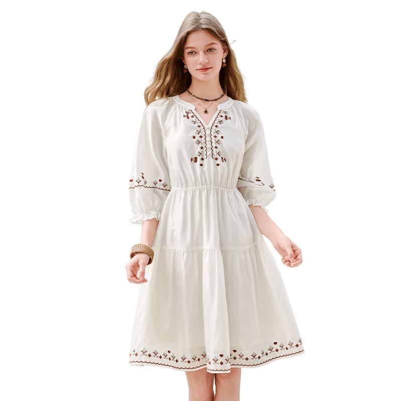 White Embroidered Lantern Sleeve Lyocell Midi Dress