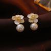 Sweet zircon flower imitation pearl silver needle earrings French earrings