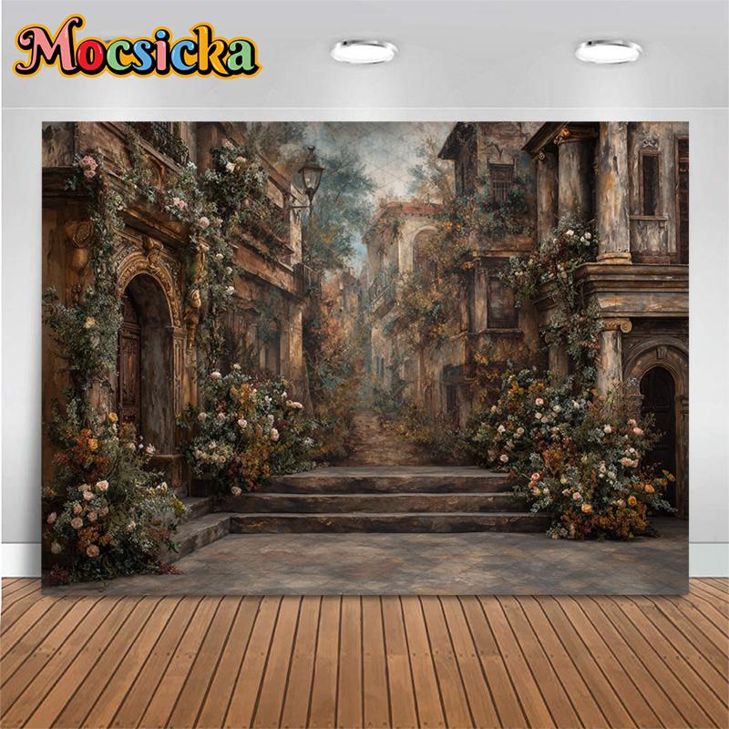 Mocsicka Vintage Floral Greek Column Backdrop Renaissance Oil Painting Photography Background Bridal Portrait Wedding Photoshoot