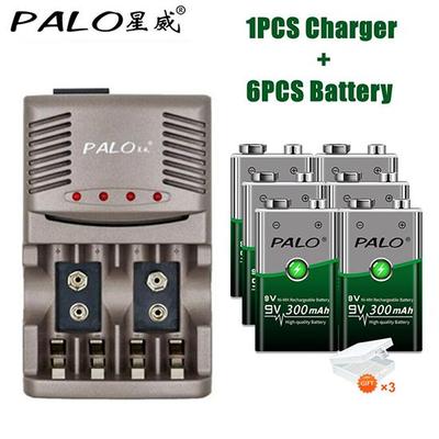 PALO Batteria Ricaricabile Ni-CD Ni-MH 9V 6F22 + Caricabatteria Intelligente NIMH 300mah Corona 9 Volt per Metal Detector