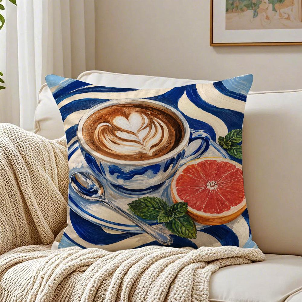 Gouache Painting Picnic Coffee Food Cushion Cover Breathable Cushion Covers Machine Washable Wrinkle-Resistant Soft Durable