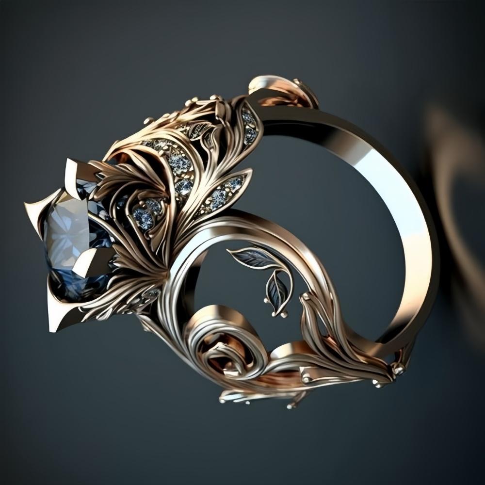 Luxury Female Blue Zircon Big Stone Engagement Skeleton Ring Vintage Gold Color Wedding Fashion Jewelry For Women