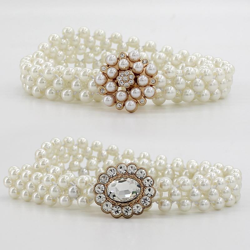Korean Version of Women's Rhinestone Pearl Waist Chain Fashion Dress Decorative Elastic Waist Belt Women's Sweet Flower Elastic Waist Seal