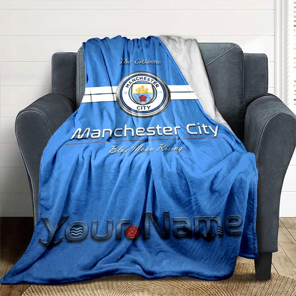 Name Custom Manchester City FC Logo Print Flannel Blanket High Quality Warm Comfortable Cover for All Seasons Perfect for Gifts Home Decor