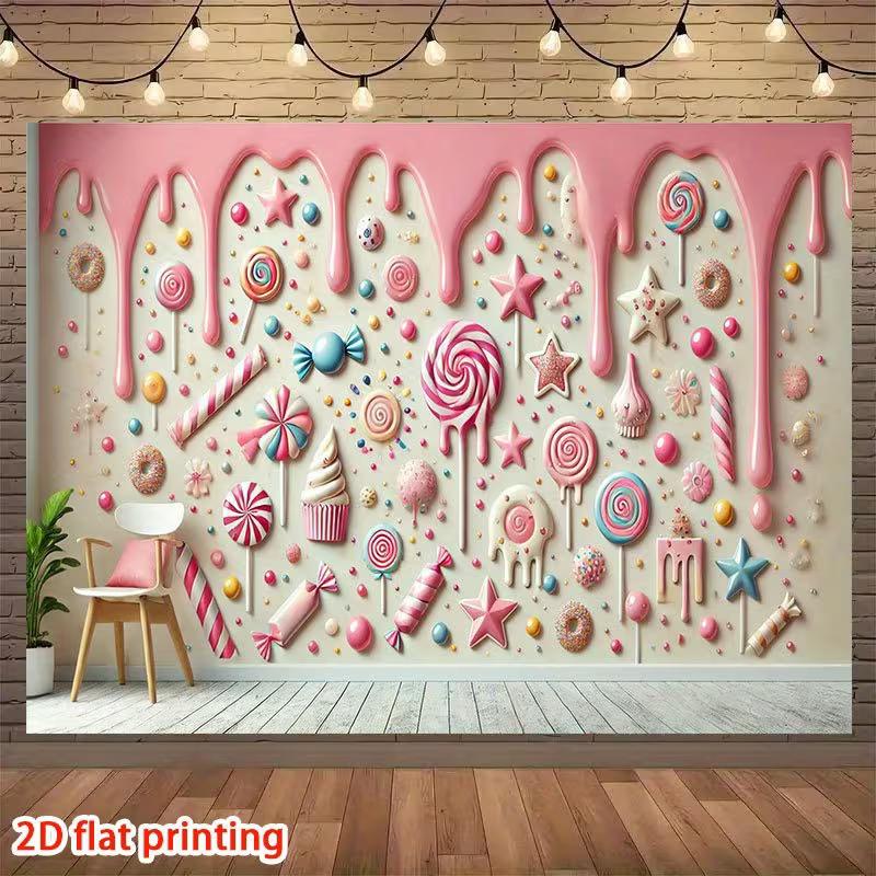 

2D Whimsical Candy Backdrop Pink Cream Drip with Colorful Candies Themed Party Background 47.2x31.5inch/120*80cm