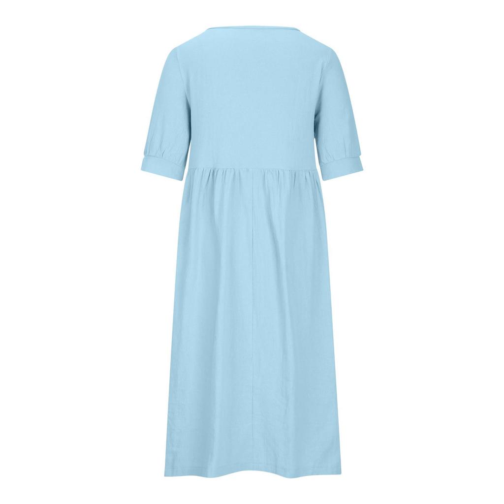 Vestido feminino plus size de verão, cor sólida, cintura solta, midi, algodão, linho, gola redonda