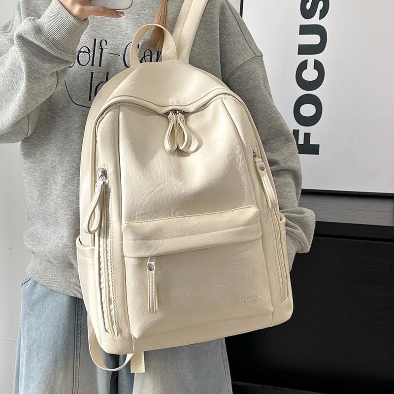 Schoolbag Retro Leather Backpack Female Simple High School College Student Schoolbag Large Capacity Leisure Commuter Travel Computer Backpack