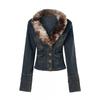 Giacca di jeans retrò unisex con colletto rimovibile in ecopelliccia, vestibilità ampia, calda, miscela di cotone, capospalla, abbigliamento casual