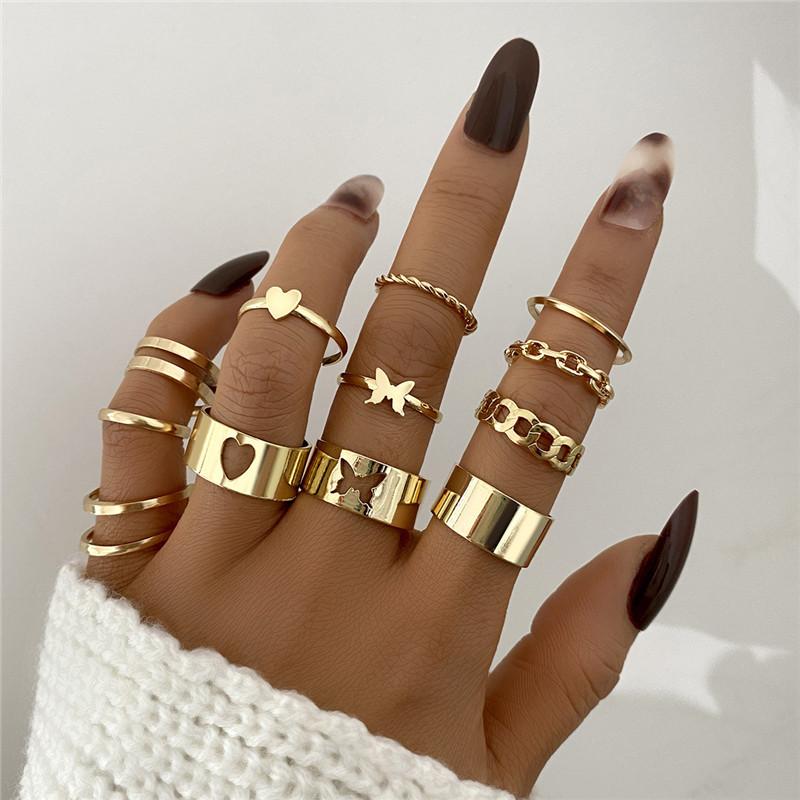 LETAPI Bohemian Vintage Heart Geometric Ring Set For Women Gold Color Boho Butterfly Pearl Hollow Leaves Rings Jewelry Gifts
