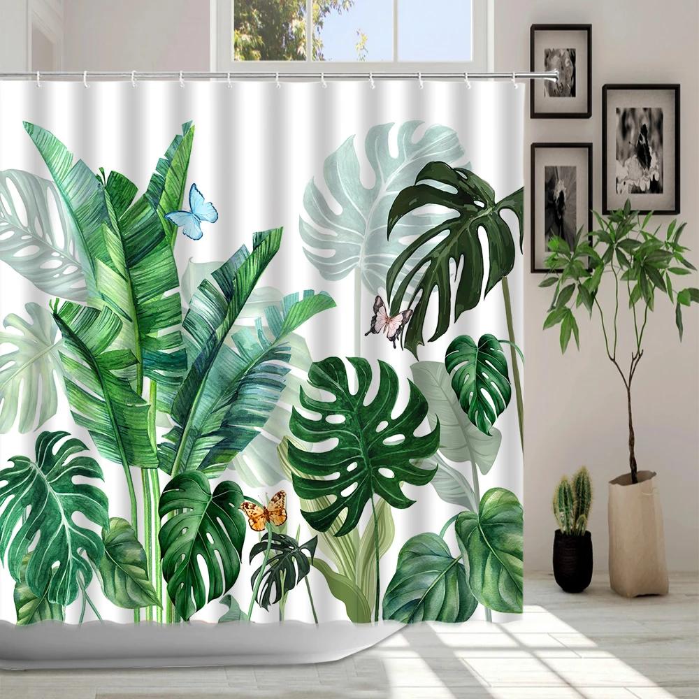 Boho Floral Shower Curtain, Hawaii Tropical Leaves Flower Bath Curtain Botanical Nature Summer Bathroom Decor Curtain with Hooks