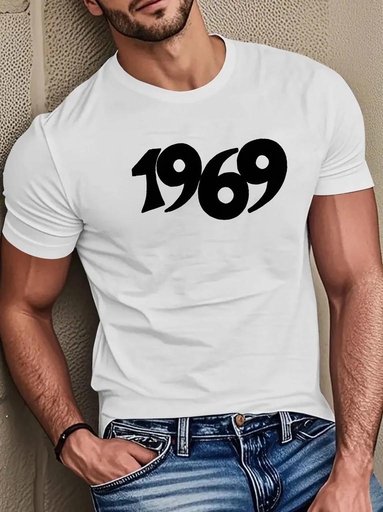 Unisex O Neck Tee Retro 1969 Number Vintage Letter Print Cotton Short Sleeve Loose Summer Breathable Daily Casual Basic Wear Top