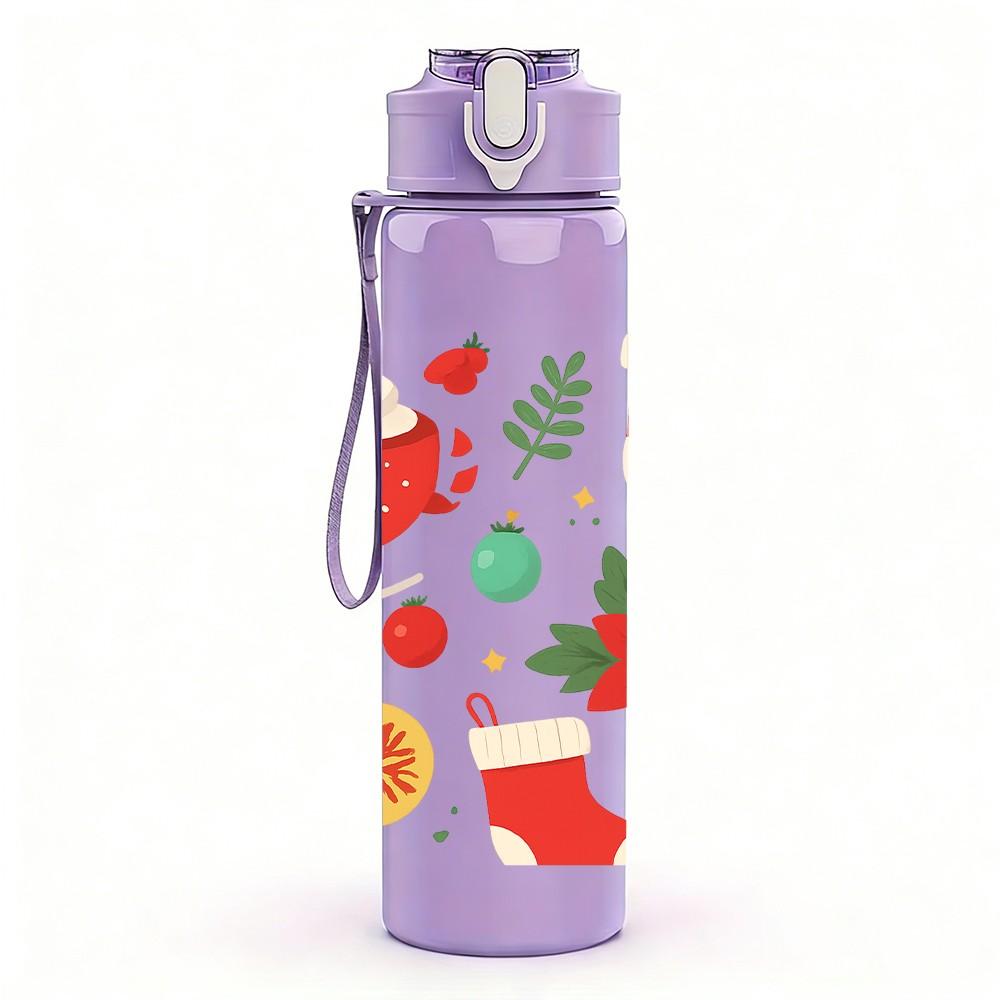 1PC Christmas Poinsettia Flower 750ml Color Plastic Sports Water Bottle Leakproof Flip Straw Lid Suitable for Sports Office Home Use