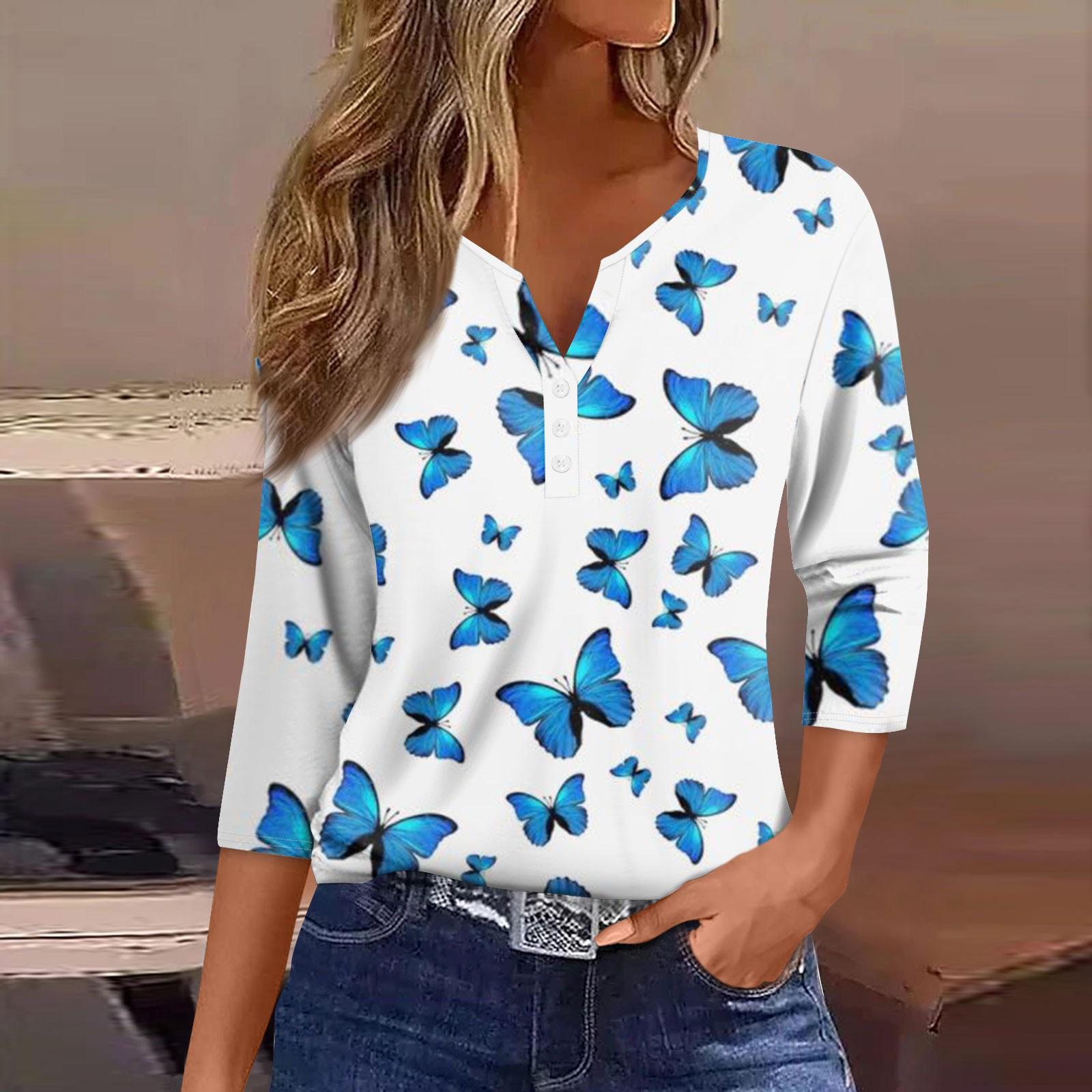 

Жіноча футболка з принтом на ґудзиках, рукав 3/4, щоденна мода на вихідні, базовий V-подібний виріз, звичайний топ XL