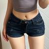 Spring-Summer European & American Spicy Low-Waist Ripped Hip-Hugging Ultra-Short Dark Blue Denim Shorts for Women