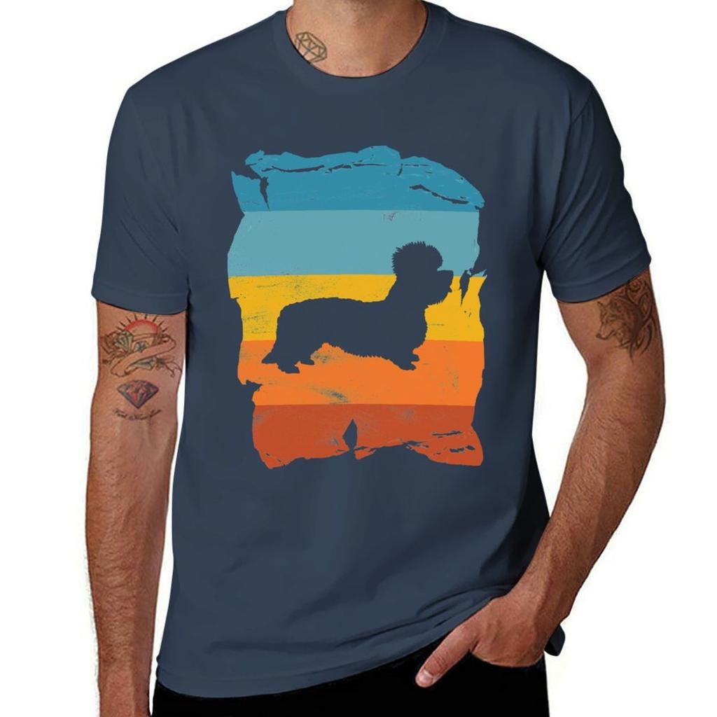 Dandie Dinmont Terrier Distressed Vintage Retro Silhouette TShirt Basic Crew Neck Short Sleeve Top