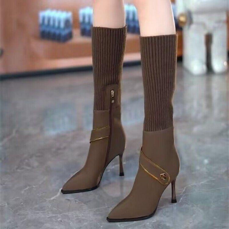 Fashion Elegant Heeled Women's Half High Boots Pointed Toe Ladies Mid Calf Shoes Hot Trend 2025 Gyaru on Promotion Comfortable Chic Boot