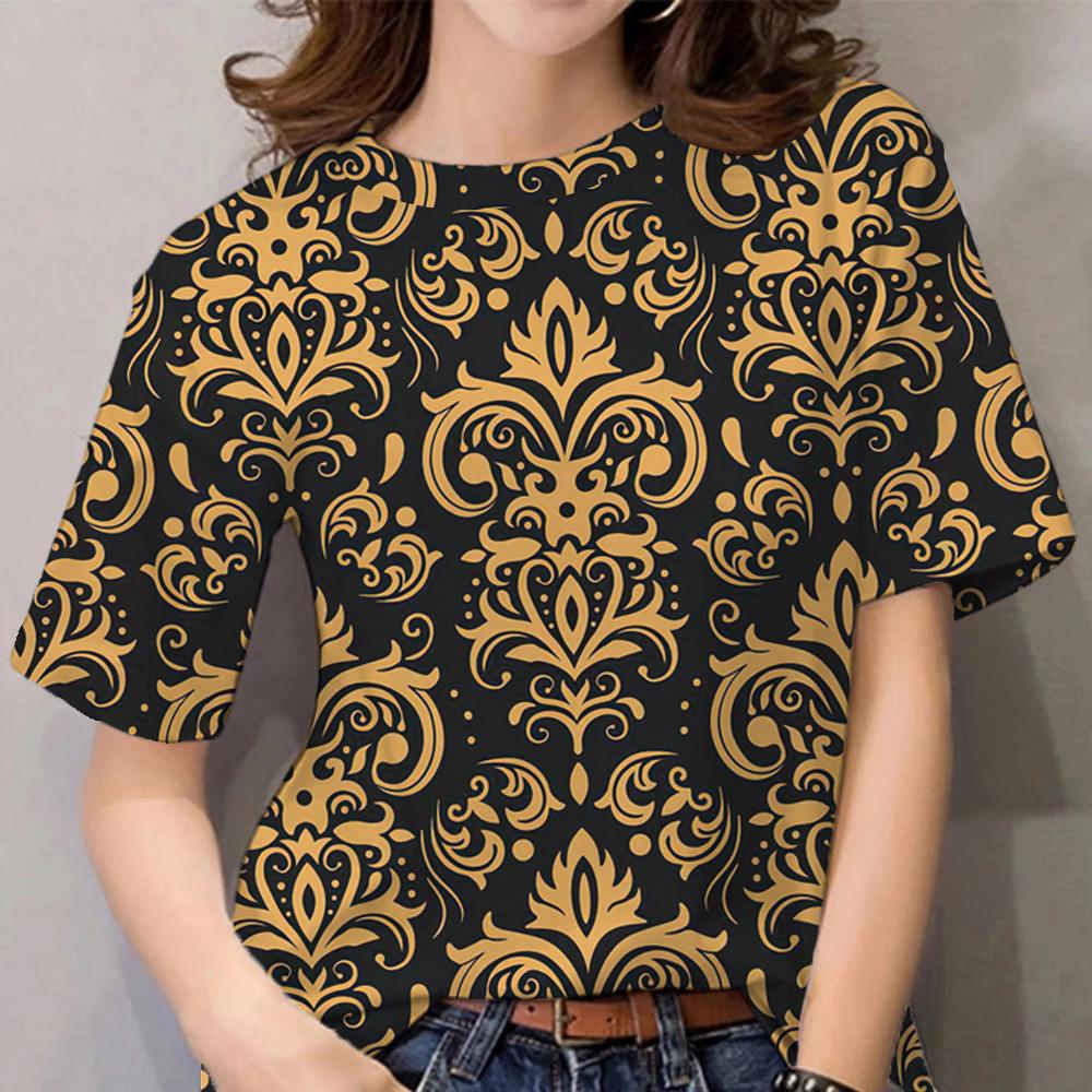 Summer Women's T-Shirts Short Sleeves 3D Tops Baroque Tee Tops Female Tee Casual O-Neck Oversized T-Shirt