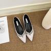 Pointed Toe 5cm Height-Increasing Nude Rhinestone and Black Patent Leather Flats