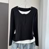 Fake Two-Piece Long Sleeve T-Shirt Loose Slim Base Top For Early Autumn Stretchy Slim Base Layer Soft Ribbed Fabric Good For Inner And Outer Wear Top