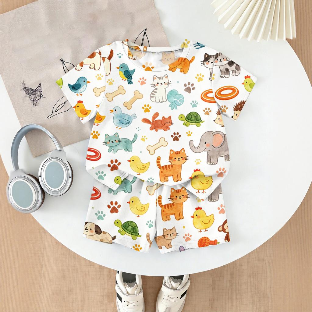 Kids Casual Short Sleeve Animal Print Top and Shorts Set Lightweight Breathable Soft Fabric Comfortable Fit