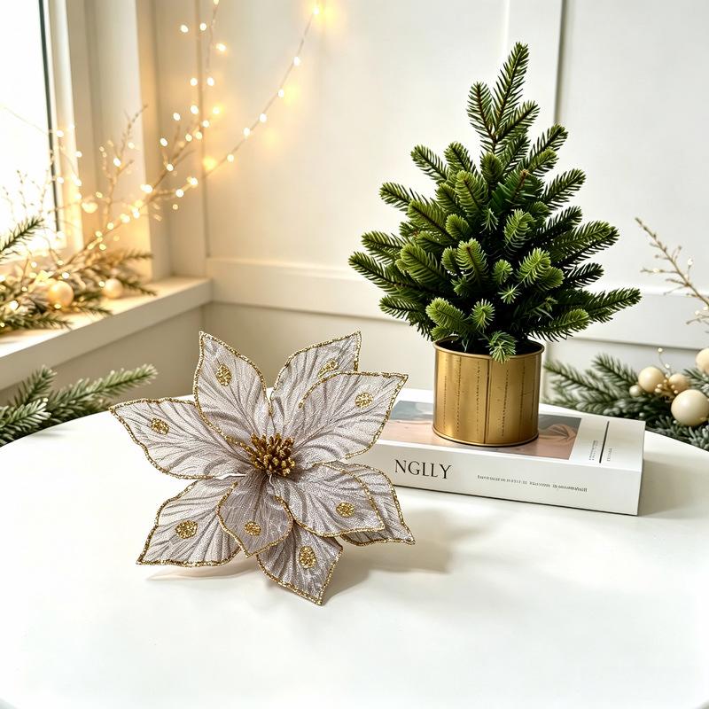Luxurious and Sophisticated Christmas Flower Gold Powder Border Imitation Flower Wedding Decoration Set for Christmas Decoration.