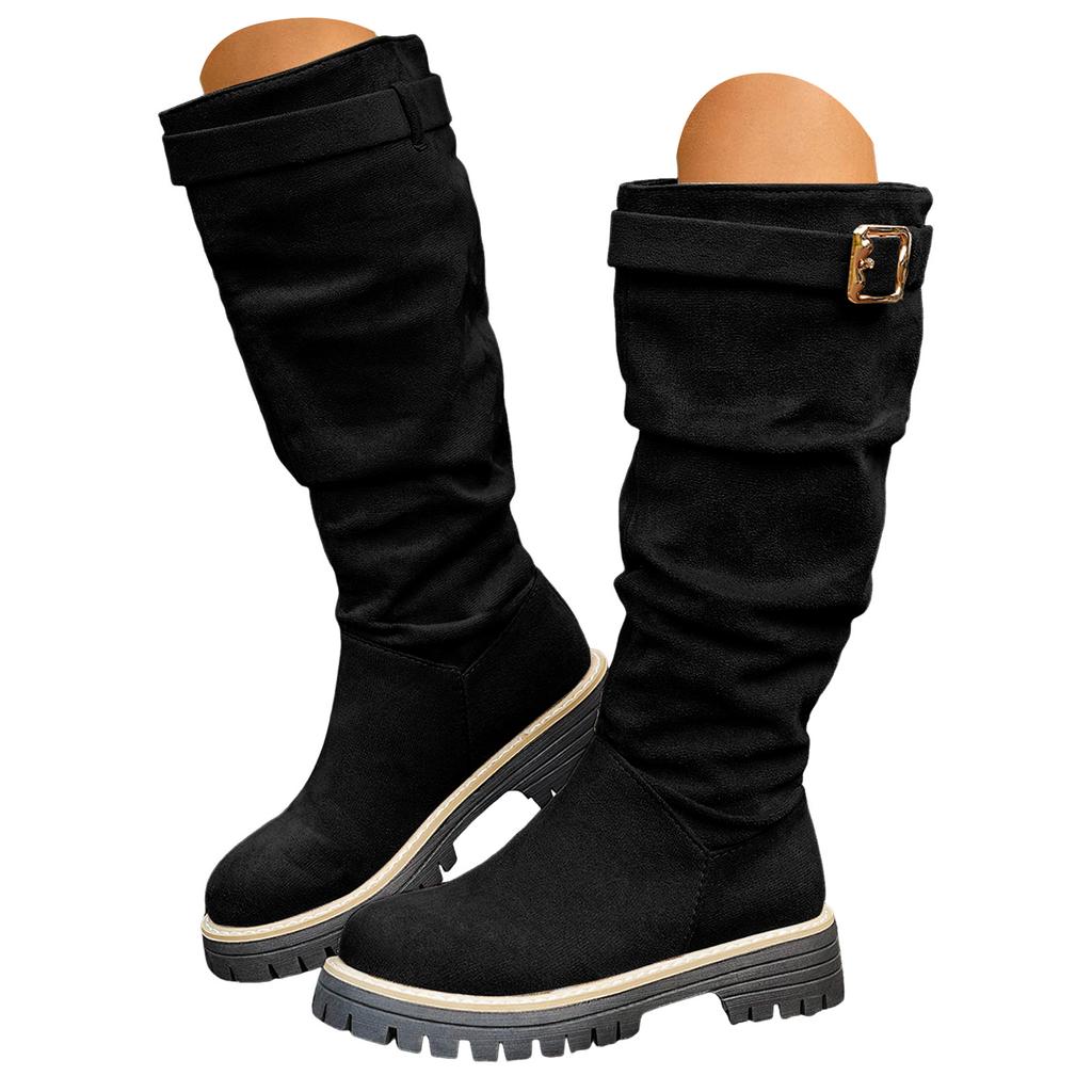 Women's Round Toe Flat Boots Plus Size Round Toe Solid Color Suede Square Heel Retro Knee High Boots Women Sexy Thigh High Boots